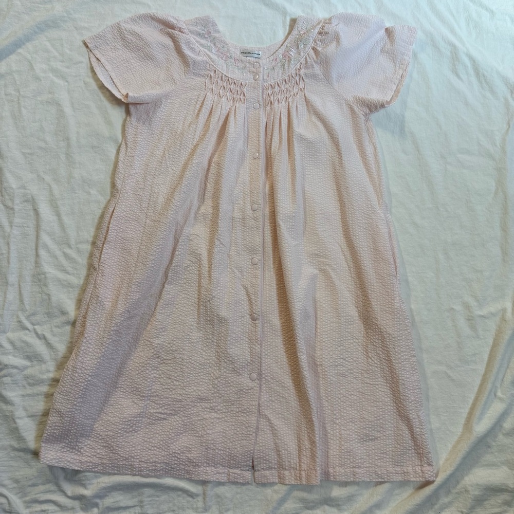 Miss Elaine Pink Seersucker Nightgown XL Smocked Embroidered Cottagecore Prairie